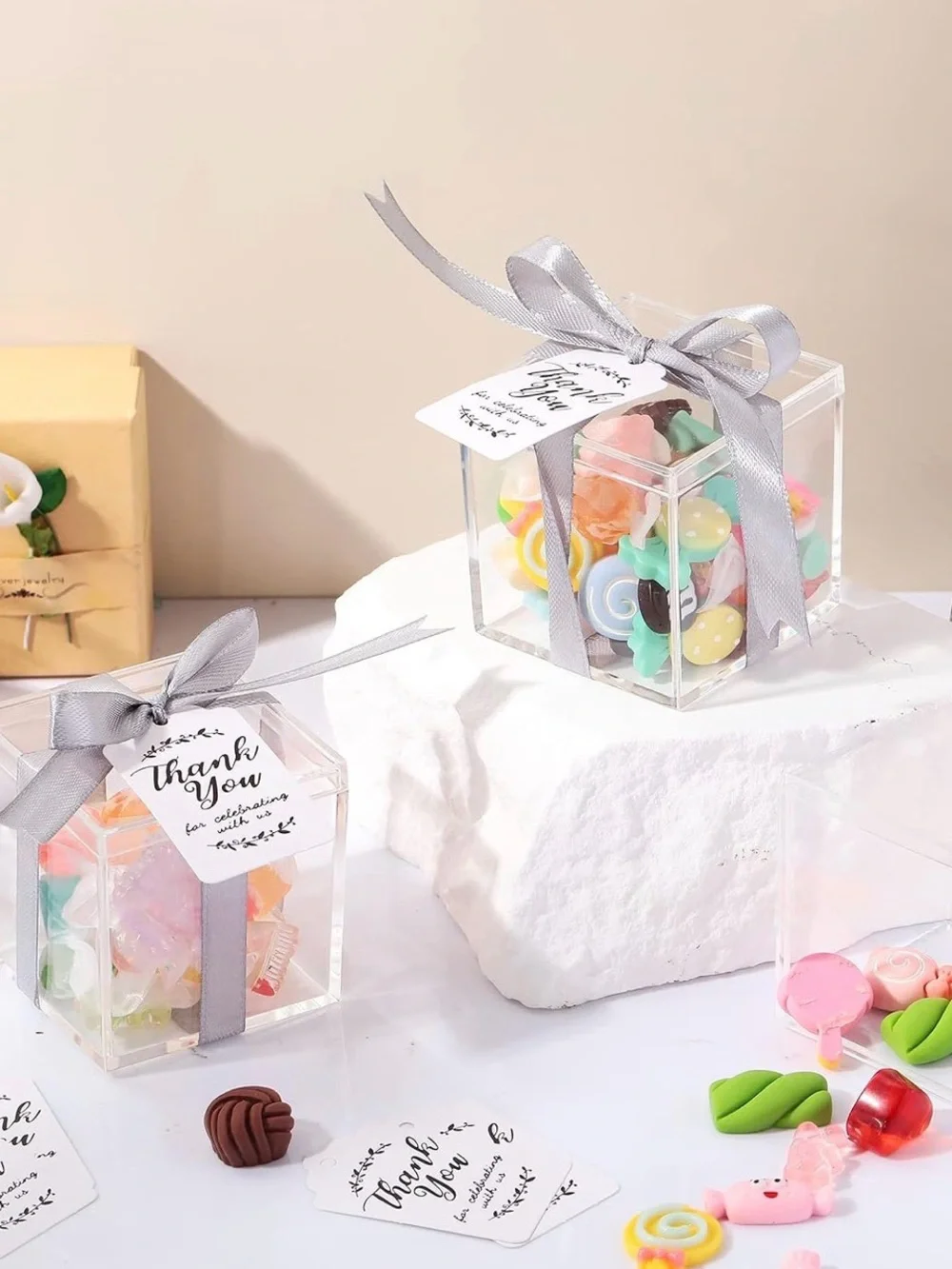 Clear Gift Favor Boxes with Silver Ribbon